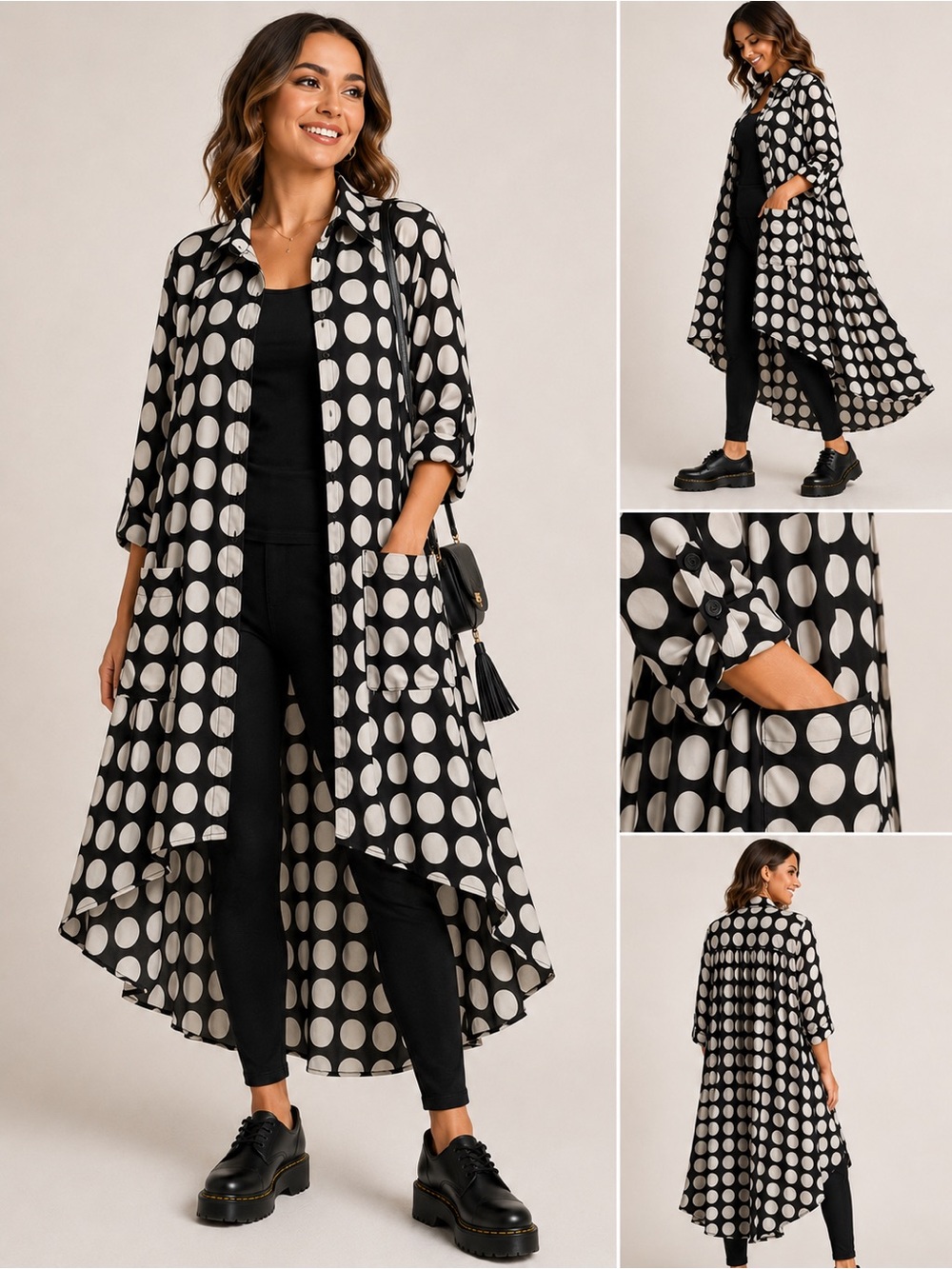 Step in Style - Black & White Polka Dot Hi Low Dramatic Duster - SzM